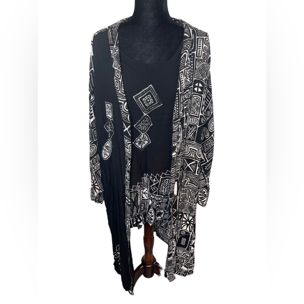 B.O.P. Top &  Long Jacket Gauze Fabric w/ Beads Black White tribal print